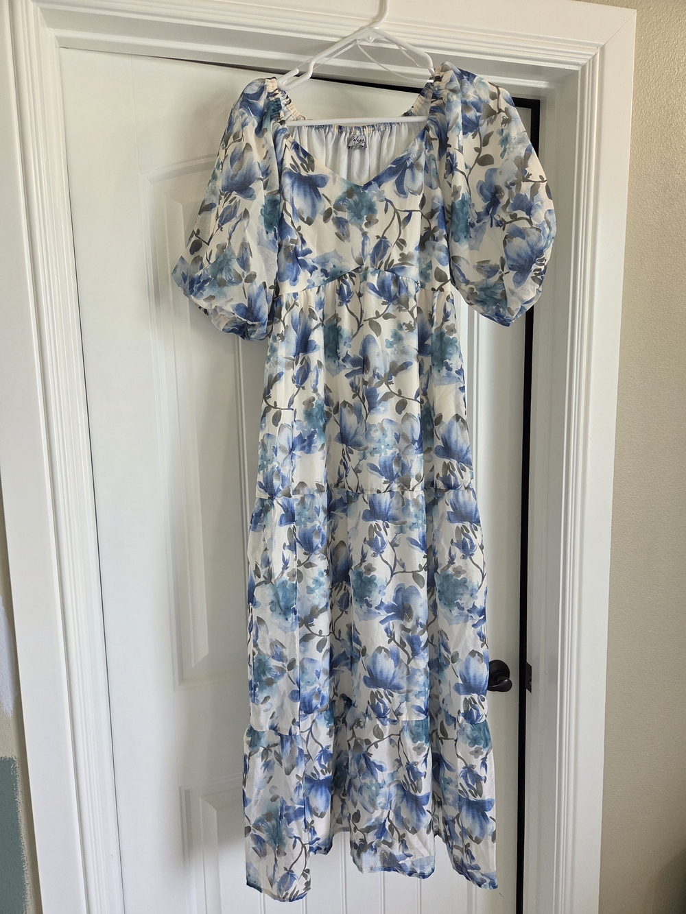 Pinkblush Maternity Blue Floral Tiered Puff Sleeve Maxi Dress